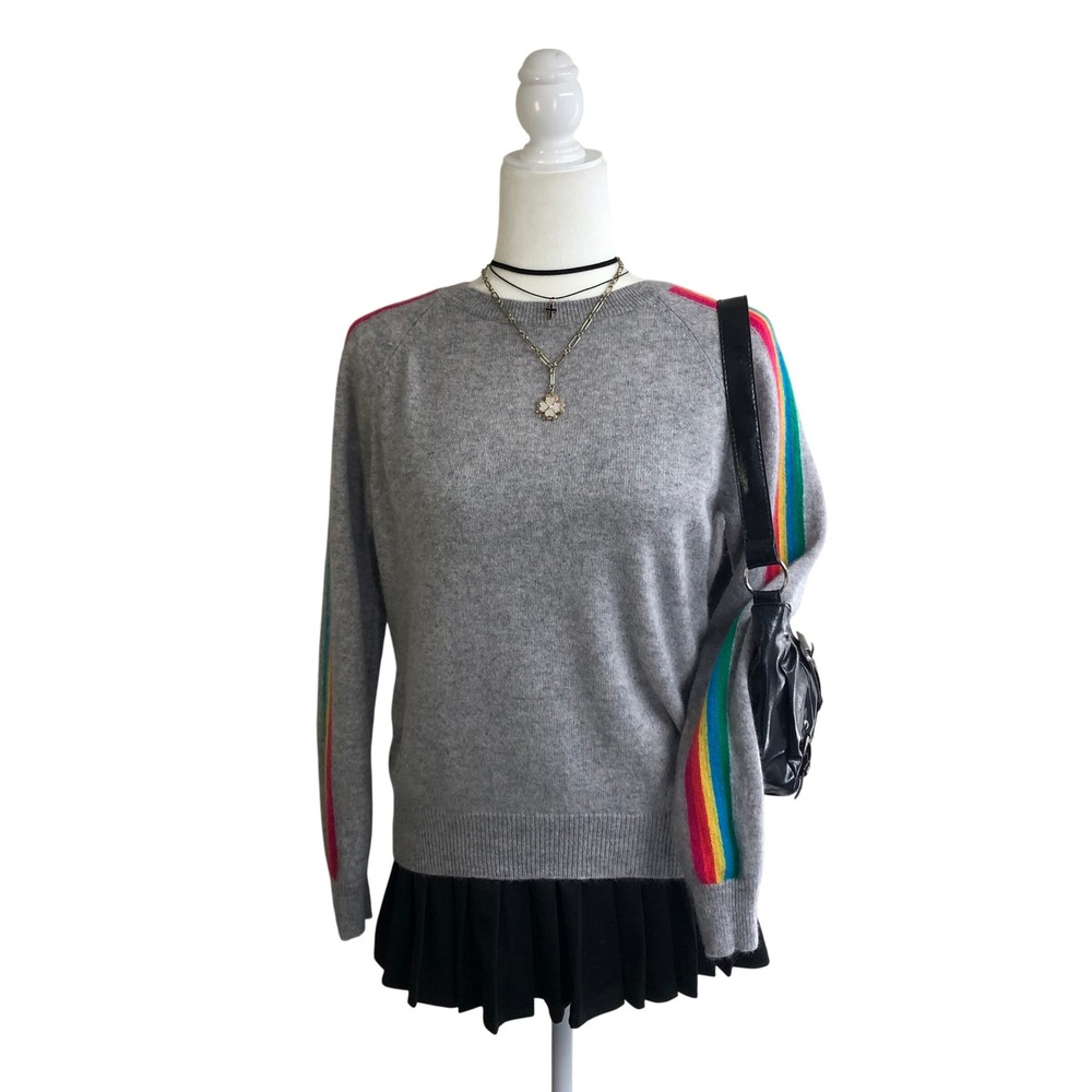 Aqua 100% Cashmere Rainbow Stripe Sleeve Knit Sweater Womens XS Gray Kidcore